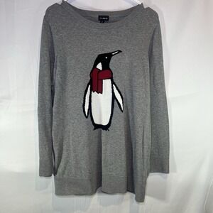 Torrid Womens Size 0 Gray Penguin Sweater Red Scarf Long Sleeve Winter Penguins‎